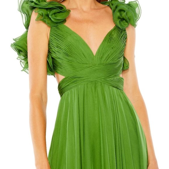 NWT Mac Duggal 67911 Thyme Green Ruffle Tiered Chiffon Maxi Dress Cut Out SZ14 - Picture 3 of 4
